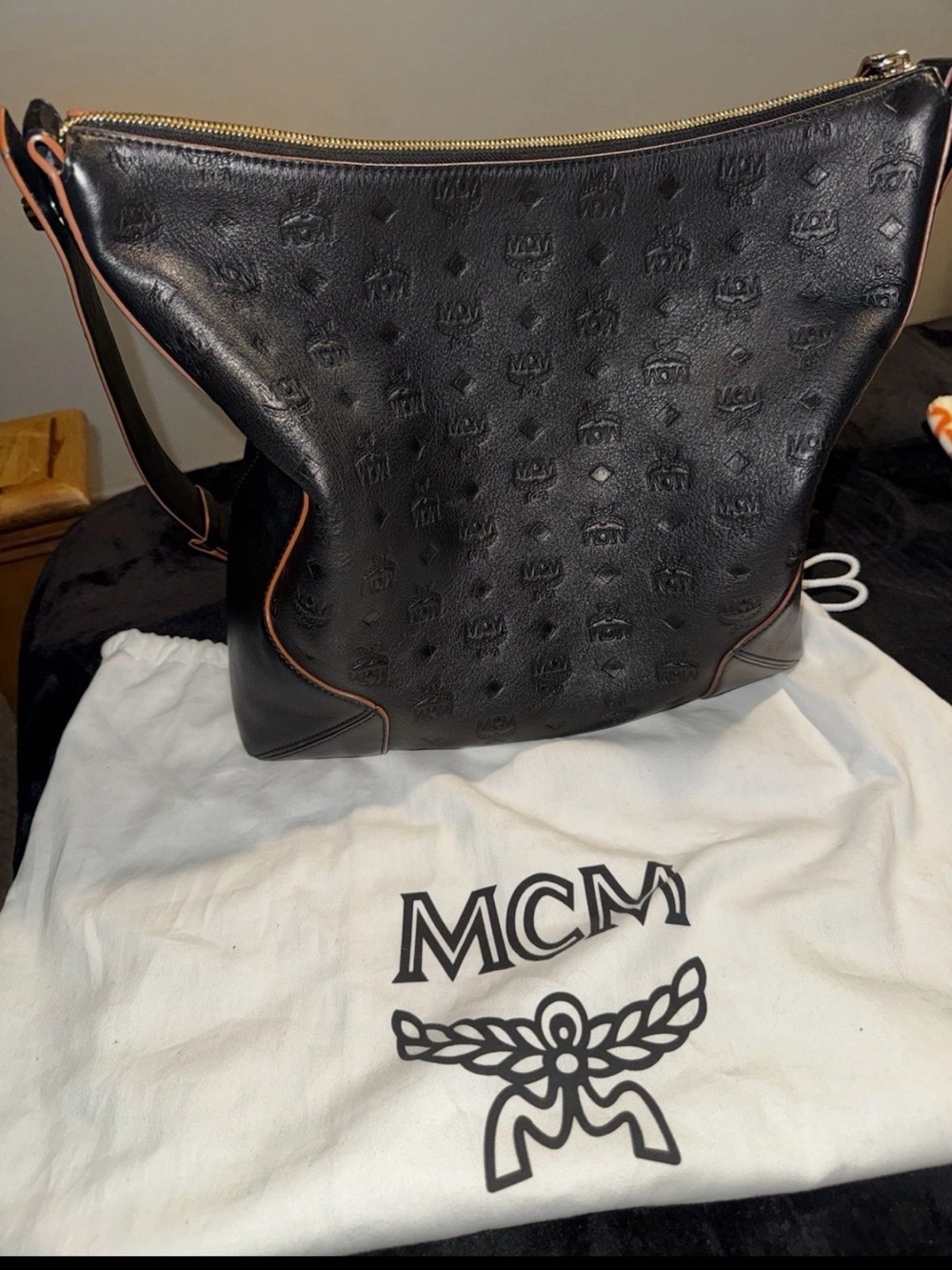 MCM Black Embossed Leather Messenger Bag with Tan Piping